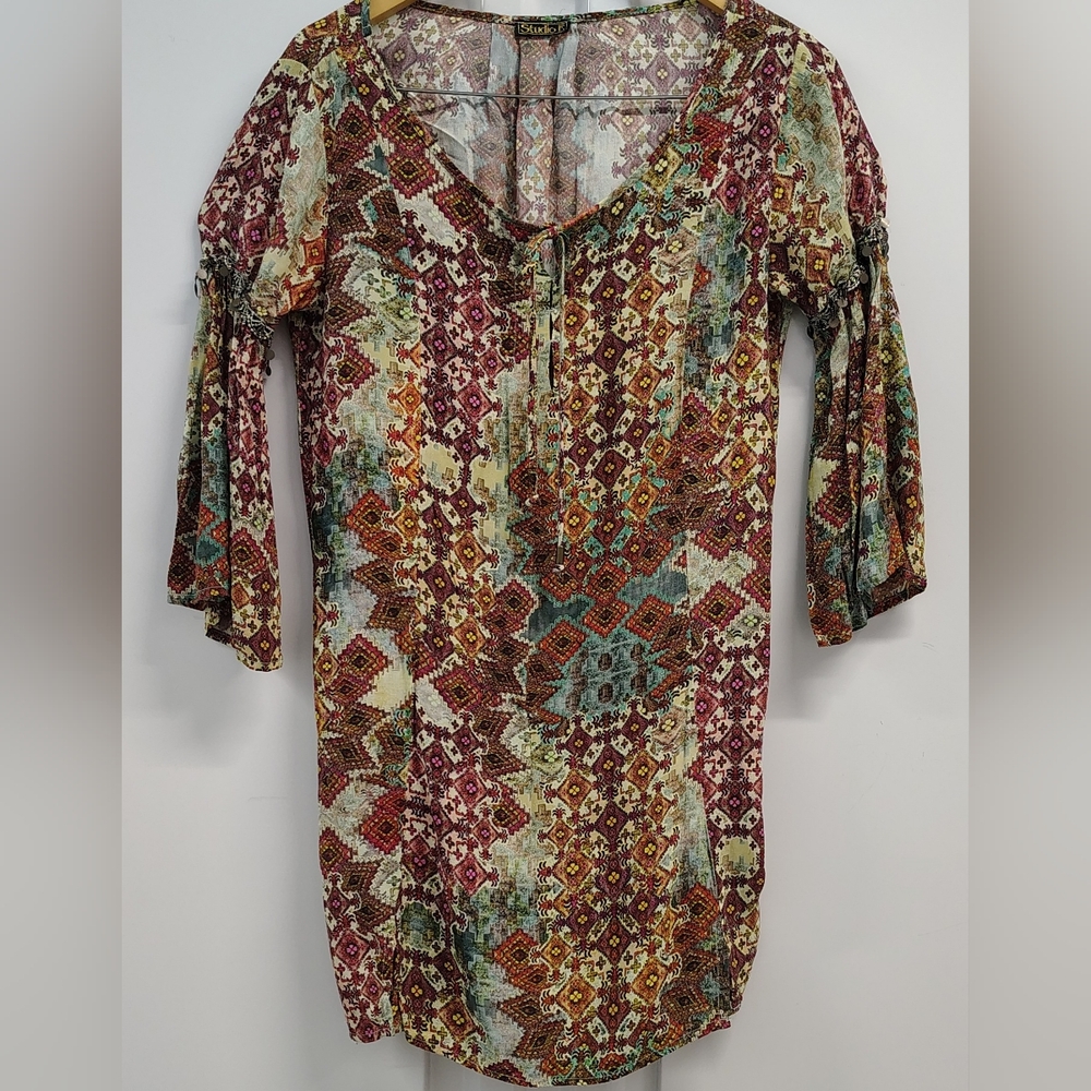 VTG Y2K BOHO-CHIC STUDIO F TAPESTRY BELL SLEEVE MINI DRESS WOMEN'S SIZE M
